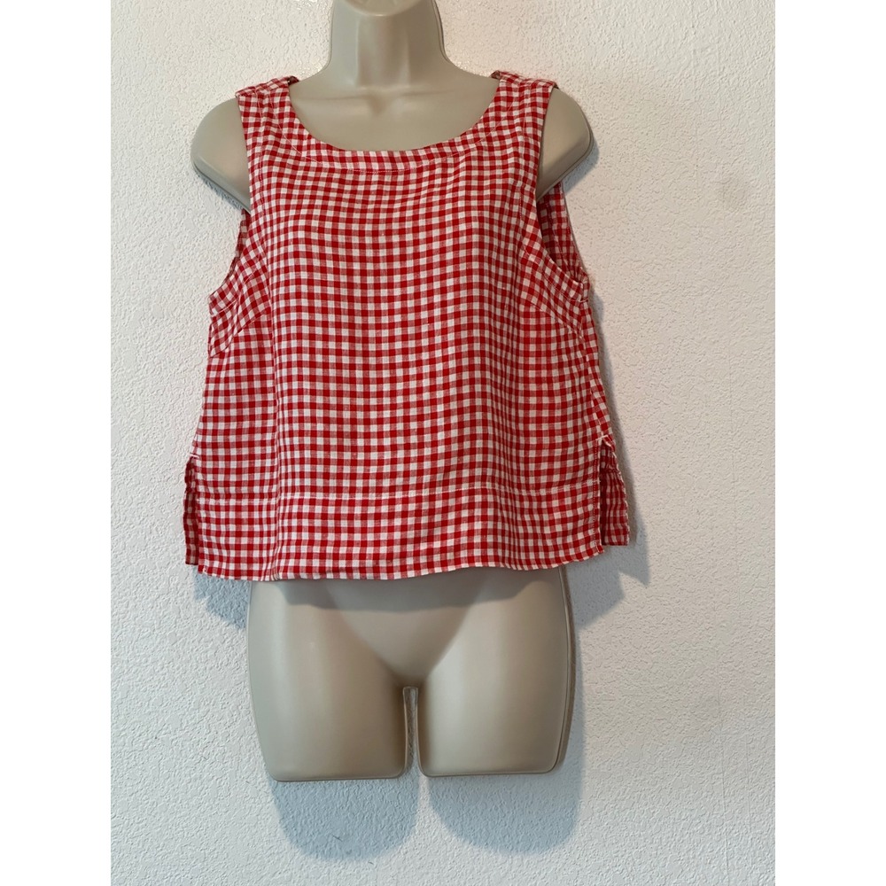 C&C California Red White Gingham 100% Linen Button Back Crop Tank Top S